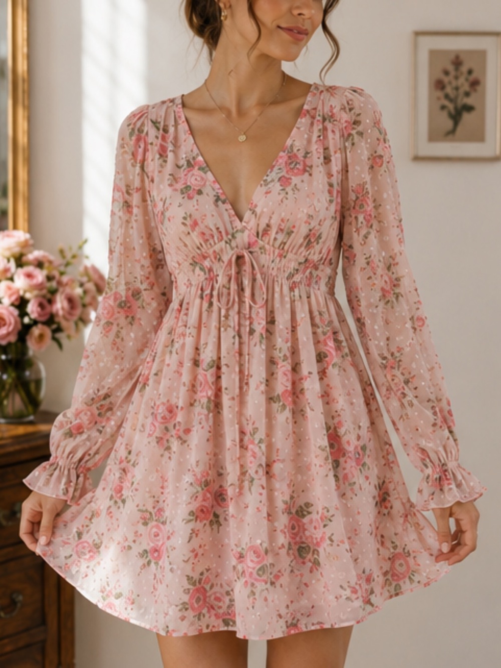 Blush Pink Floral Swiss Dot Babydoll Mini Dress | Cottagecore | Small